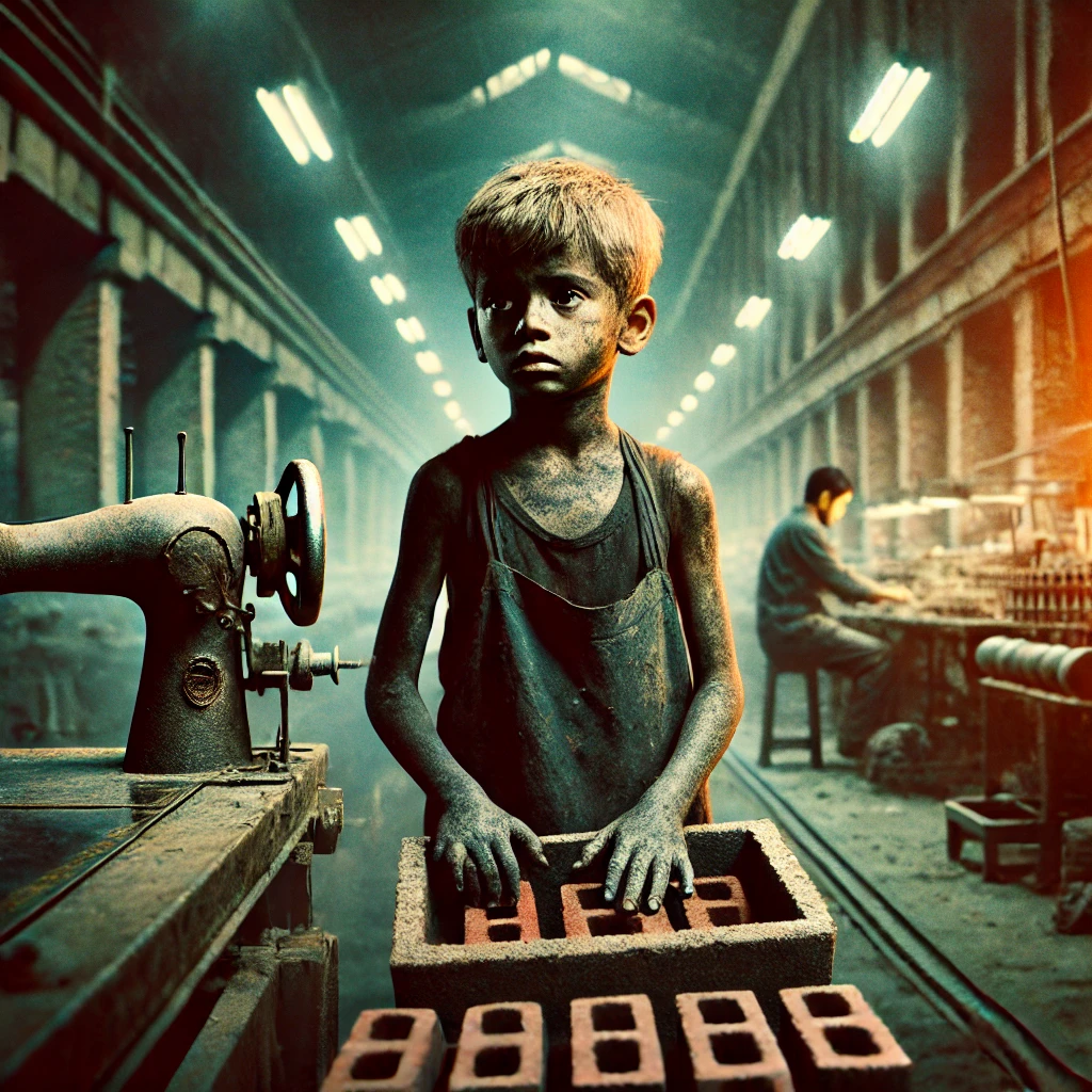 DALL·E 2025-03-23 12.32.12 - A powerful image depicting child labour_ A young child with tired eyes and dirty hands working in a dimly lit factory, carrying heavy bricks or sewing